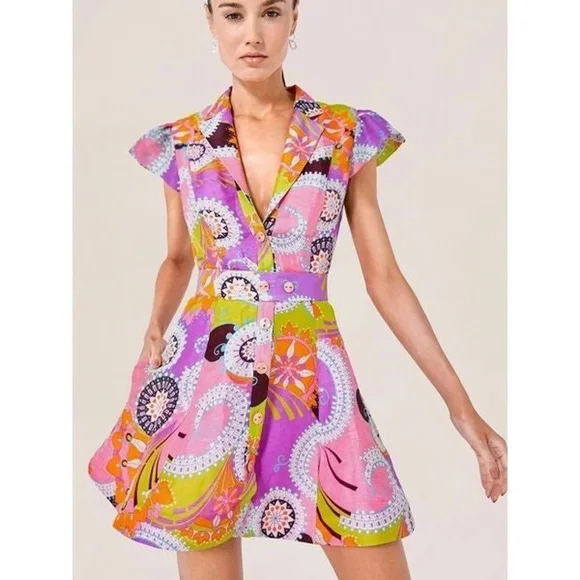 Alexis Pink Demi Mini Dress Linen Silk Belted Shirt Dress